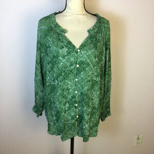 Style & Co Blouse Top 1X Womans Plus Green Metallic Floral V-neck Button Front
